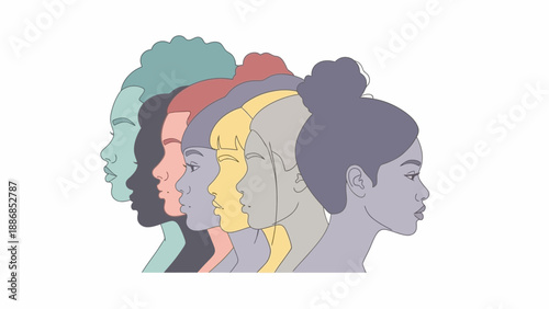 Modern Diverse Women Profiles Illustration. Abstract Female Group Portrait Representing Unity, Inclusion, and Sisterhood.