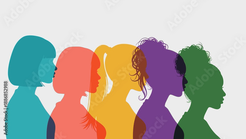 Diverse Group of Women Silhouettes Profile Illustration. Colorful Overlays Representing Female Unity, Empowerment, Diversity, and Global Community.