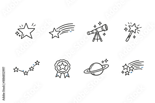 Collection of hand-drawn celestial and space-themed icons with a whimsical style