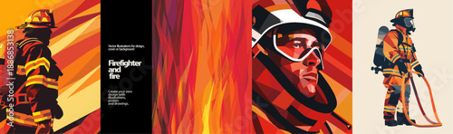 Powerful firefighter vector poster collection with emergency responder in protective gear, flames and dynamic composition. Modern heroic illustration for fire safety, rescue services, emergency awaren