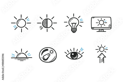 Collection of simple line art icons representing light and brightness adjustments
