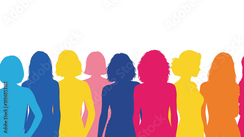 Diverse Multicolored Women Silhouettes Vector Illustration. Female Unity, Empowerment, and Community Group standing together against a white background.