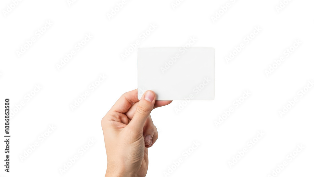 Fototapeta premium Hand holding blank business card against white background isolated on transparent background
