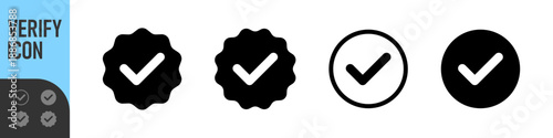 Account verify icon, verified badge icon with check mark tick symbol: confirmed, approved, verification icons. Color options for verification icons