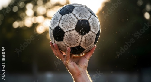 Hand Holding Worn Soccer Ball Outdoors