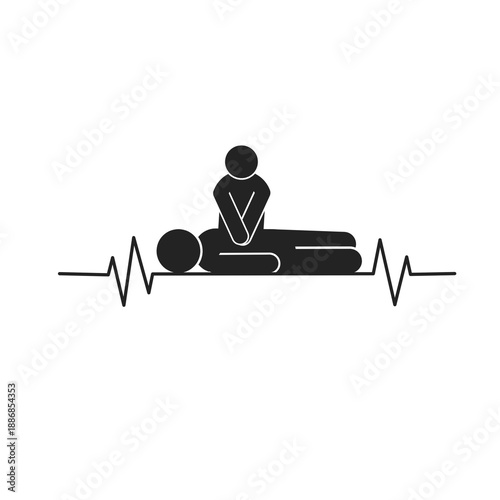 CPR emergency icon showing life-saving chest compressions on a patient with a heartbeat line. Vector illustration for medical training and first aid safety.