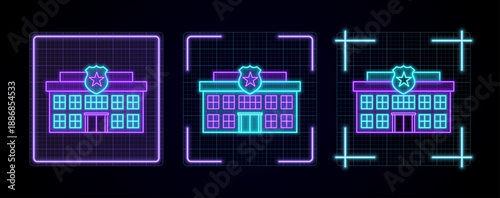 Police Station icon illustration, cyber neon visual, glowing border grid vector.