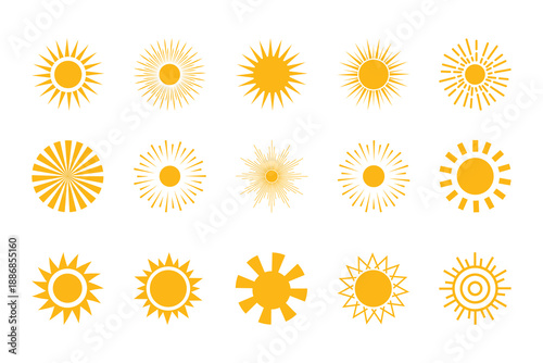 Collection of fifteen vibrant yellow sun icons in various styles