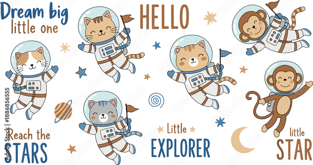 Fototapeta premium Cute astronaut animal characters set with cat, bear, and monkey in space theme for kids, nursery decor, and vector illustrations
