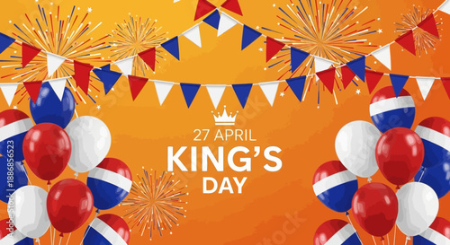 King's Day Celebration with Balloons, Fireworks, and Bunting on Orange Background