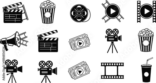 Black and white cinema icons vector illustration, featuring movie clapperboard, film reel, popcorn, camera, tickets, projector, multimedia entertainment symbols set