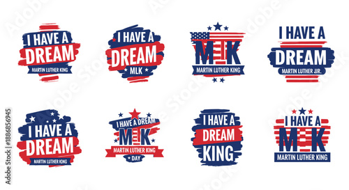 Collection of "I Have a Dream" and MLK graphic designs with American flag elements