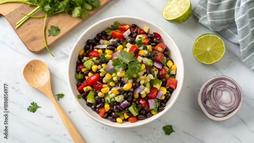 Slika na platnu Overhead view of fresh black bean and corn salad with lime and cilantro