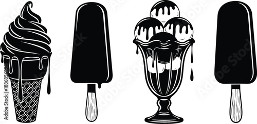 WebBlack and white ice cream desserts vector illustration, featuring popsicles, sundae glass, soft serve cone, frozen sweets collection, minimalist dessert icons