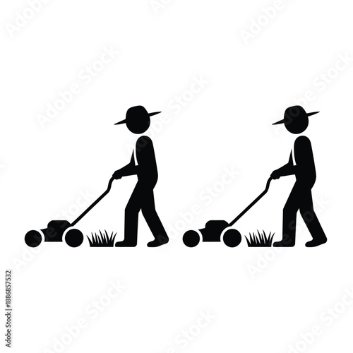 Two men mowing lawns with push mowers a simple black silhouette
