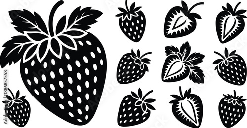 Black and white strawberry vector set, hand-drawn fruit illustration, sliced and whole berries, stylized design elements for food, kitchen, packaging