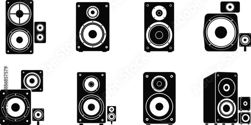 Black and white vector icon set of various high-fidelity audio speakers, encompassing large floor-standing towers and smaller bookshelf units, sound and music technology graphic.
