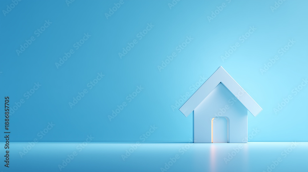 Fototapeta premium Minimalist 3D illustration of a white house with a glowing entrance on a blue background. A symbol of affordable housing, the beginning of a new life, simplicity and clean design in real estate.