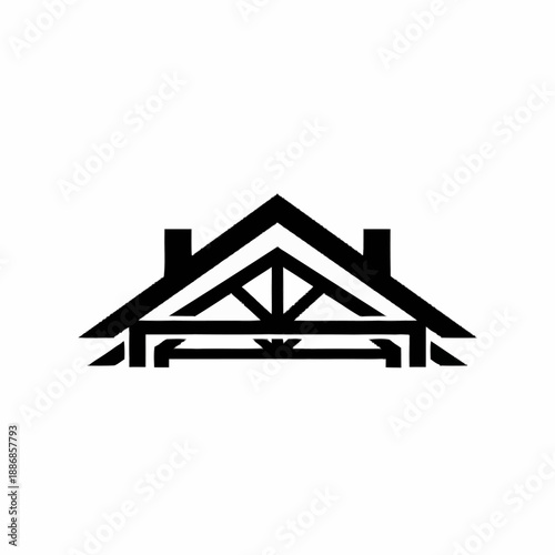 Minimalist black and white house roof truss structure logo design.
