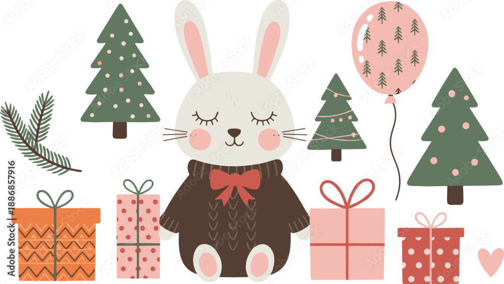 Naklejka premium Cute Christmas bunny with gifts, balloons, and pine trees in pastel kawaii style, festive winter illustration for kids and vector designs