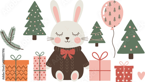 Cute Christmas bunny with gifts, balloons, and pine trees in pastel kawaii style, festive winter illustration for kids and vector designs