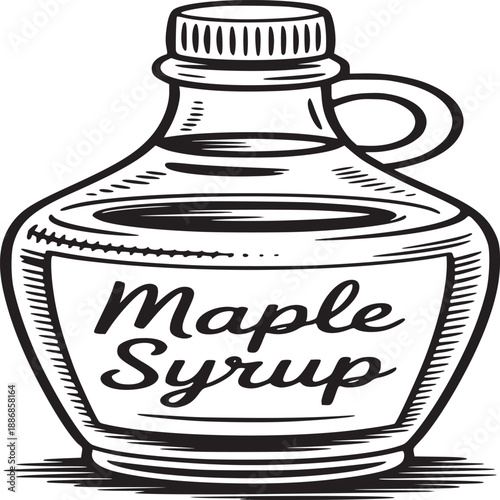 A black and white drawing of a maple syrup bottle with a handle and a ribbed cap on a white background