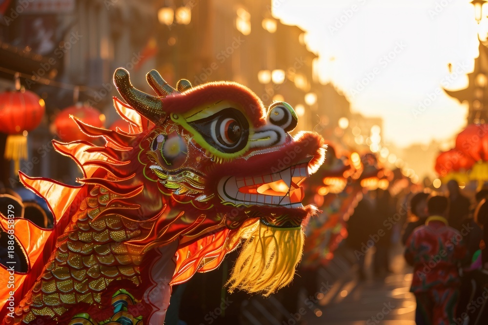 Fototapeta premium Dragon dance celebrating chinese new year festival at sunset