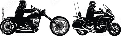 Black and white vector silhouette of two motorcyclists riding a custom chopper with extended forks and a large touring motorcycle with saddlebags, side view.