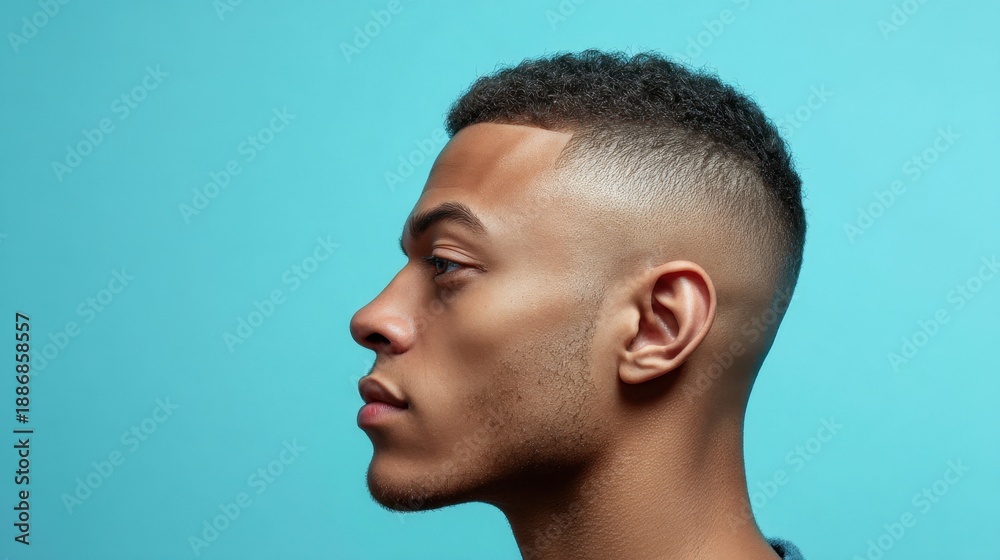 Fototapeta premium Profile of young african male with short haircut on blue background.