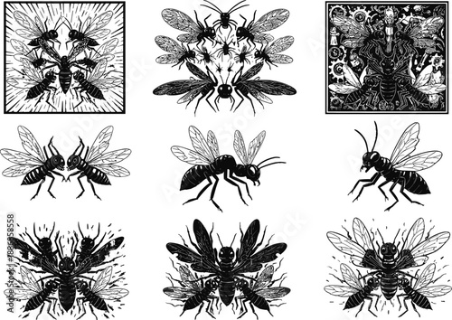 Black and white wasp illustration, insect vector grid, symmetrical hornet designs, abstract entomology art, symbolic insect composition, aggressive wasp artwork, surreal style