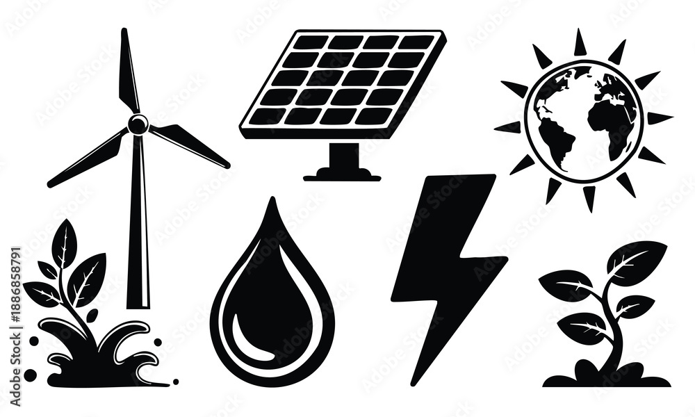 Fototapeta premium Set bundle earth day silhouette energy icons: wind, solar, water, power