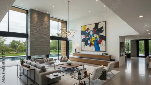 Luxurious modern interior with abstract art and architectural details