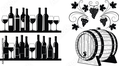 Black and white wine vector illustration with bottles, glasses, wooden barrel, and grape vines, elegant vineyard winery design for alcohol beverage artwork