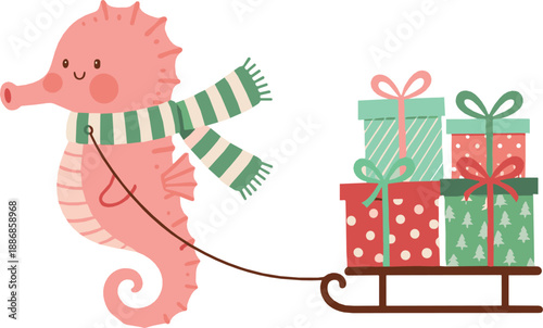 Cute Christmas seahorse pulling gift sled in pastel kawaii style, festive winter sea animal illustration for kids, cards, stickers, and vector designs
