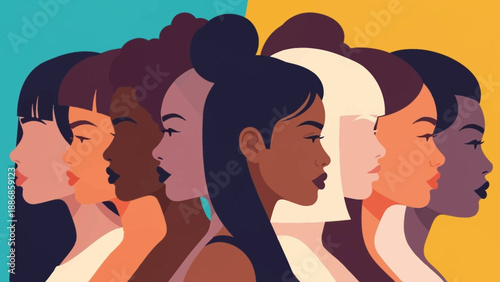 Diverse Women Group Illustration. Multi-ethnic Female Profiles, Unity and Empowerment. Global Sisterhood Flat Design Concept.