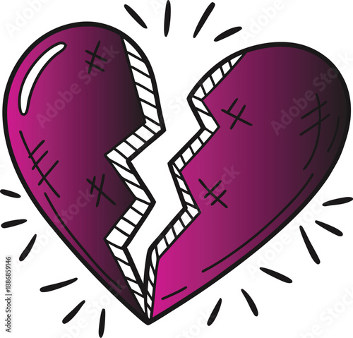 Broken purple heart with stitches and cracks