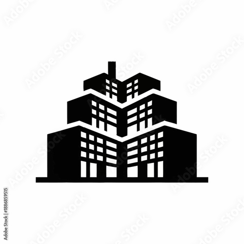 Modern multi-story building silhouette with geometric design.
