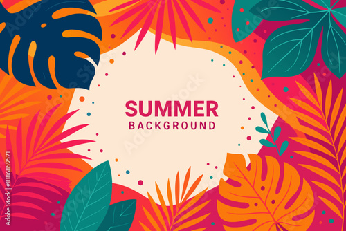 A vibrant summer background illustration with colorful tropical leaves and dots