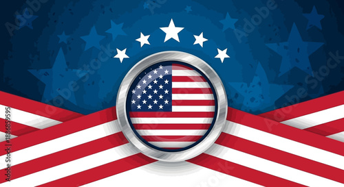 USA Flag Emblem with Stars and Stripes on Patriotic Blue Background
