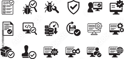 Software testing and quality assurance QA line icon set for bug tracking, automation, and testing process