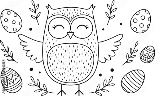 Cute Easter owl with decorated eggs and floral branches in black and white doodle style, perfect for coloring pages and vector illustrations