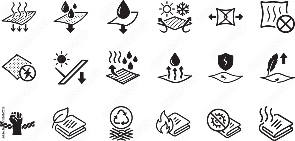 Φωτογραφία Fabric properties and material technology line icon set showing textile features