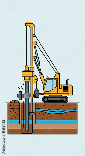 Yellow Pile Driver Engaged In Deep Foundation Work At Active Construction Zone