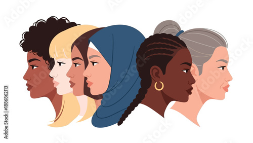 Multicultural Women Profile Vector: Diversity, Inclusion, Female Power, and Global Solidarity Illustration on White Background