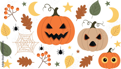 Cute Halloween pumpkin set with spooky jack o lanterns, spider webs, autumn leaves, stars, and festive fall elements in kawaii vector style