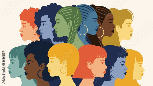 Empowered Group of Diverse Women Profiles. Unified community illustration symbolizing global inclusion, feminism, and female solidarity.