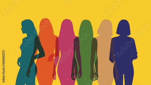 Colorful Female Silhouettes Group: Diversity, Unity, and Women's Empowerment Concept Illustration on Yellow Background