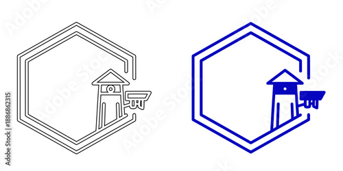 Blue Hexagonal Icon with Security Watchtower and Surveillance Camera for Perimeter Protection and Site Monitoring