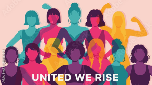 Feminine Solidarity: Diverse Empowered Women United We Rise Illustration for International Women's Day and Girl Power