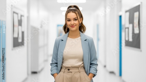 Young woman stands confidently in a school hallway wearing office attire and smiling at the camera